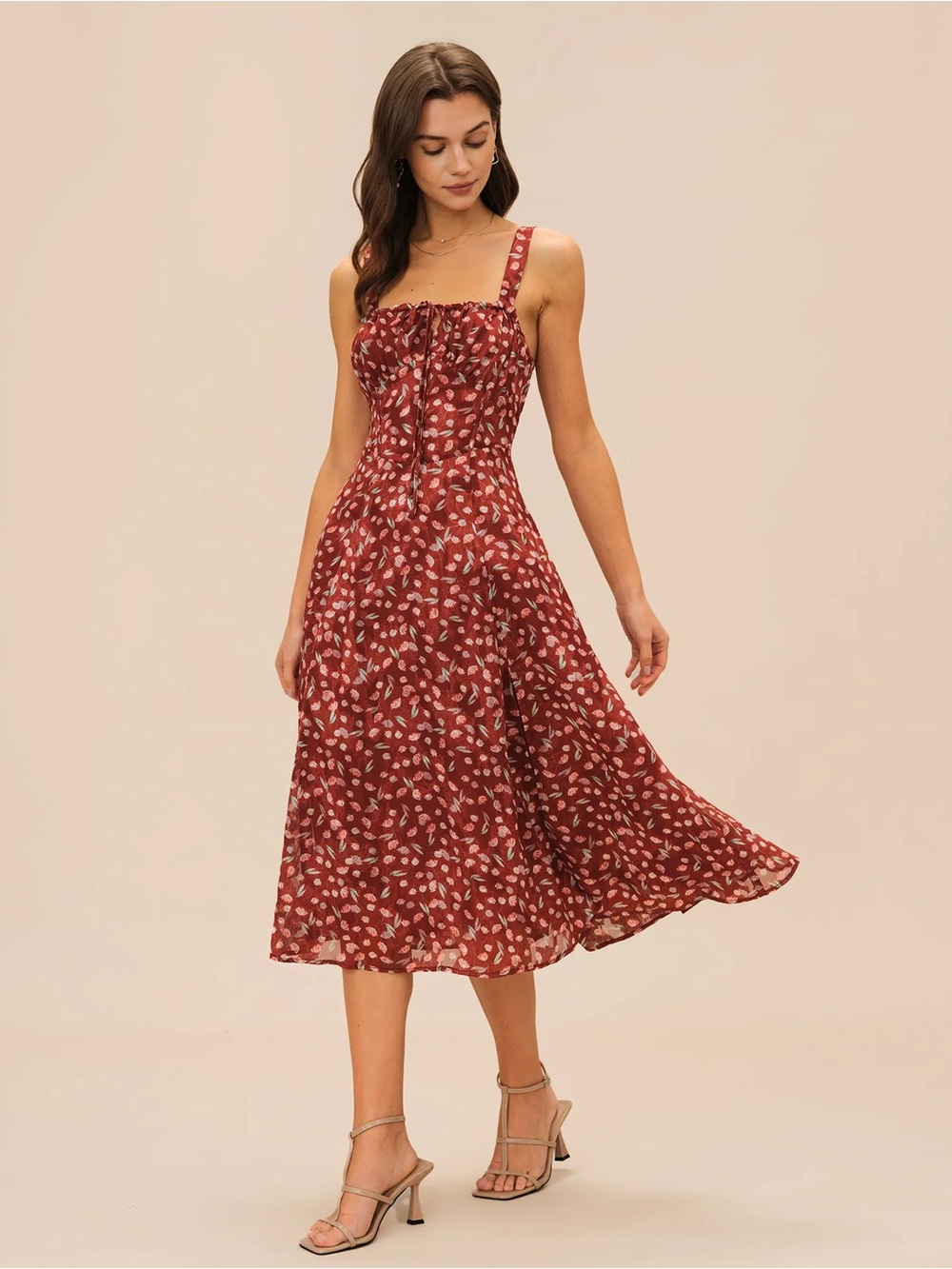 Rihoas Wine Red Floral Slip Midi Dress - Picture 6 of 9